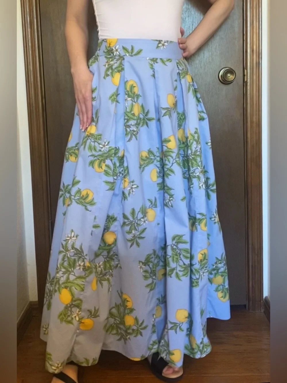 100% cotton (with pockets!) Lands' End Powder Blue Lemon-Print Maxi Skirt - Picture 4 of 8